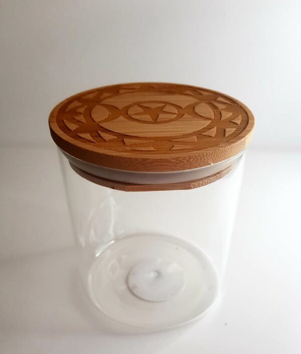 Glass Jar with Bamboo Laser Engraved Lid “Triple Goddess” Design
