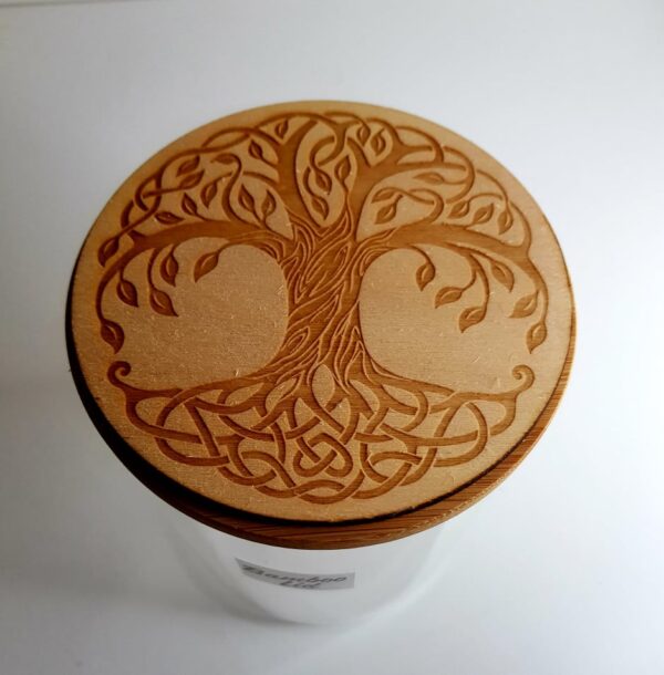 Glass Jar with Bamboo Laser Engraved Lid “Tree of Life” Design