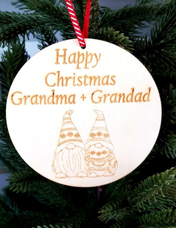 Personalised Wooden Round Mr and Mrs Christmas Gonk Tree Decoration