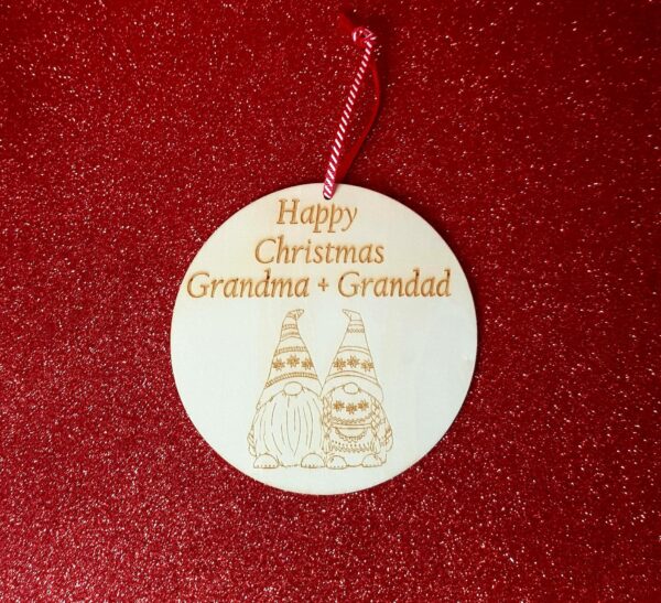 Personalised Wooden Round Mr and Mrs Christmas Gonk Tree Decoration - Image 2