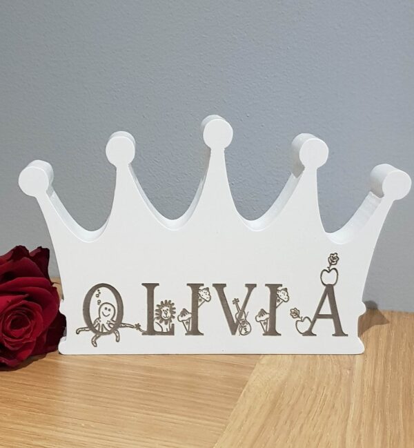 Engraved Wooden White Freestanding Crown, engraved with a name in the phonetic alphabet