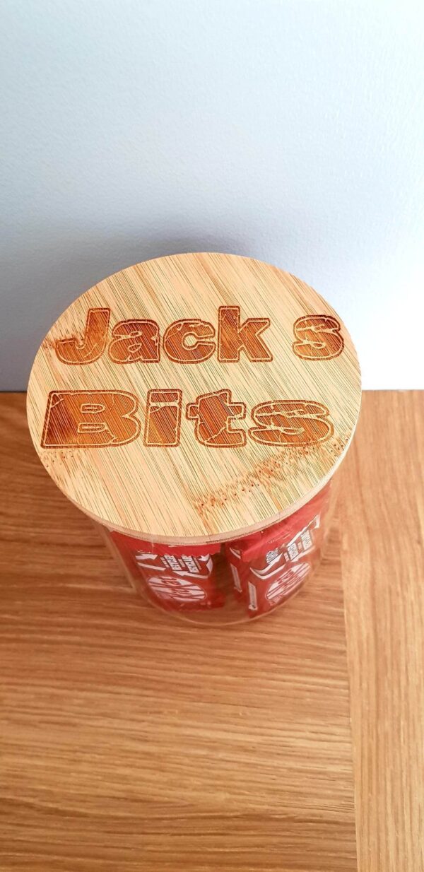 Glass Jar with Personalised Bamboo Laser Engraved Lid - Image 3