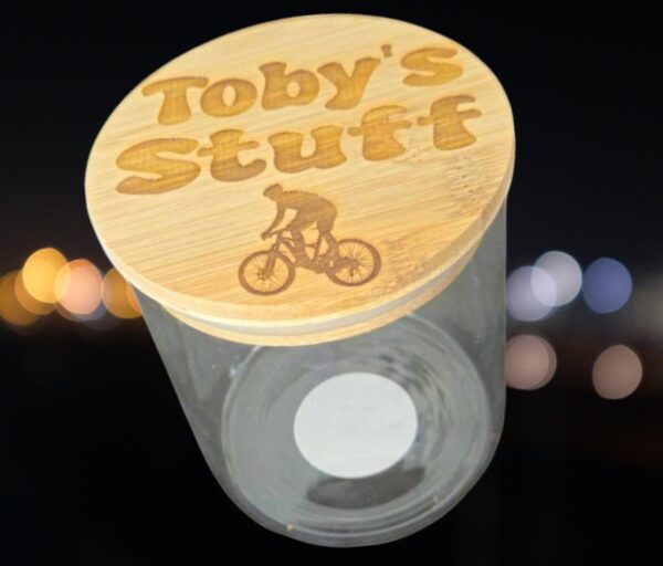 Personalised Glass Jar with Bamboo Laser Engraved Lid “Cycling” Design, Unique gift for Cyclists
