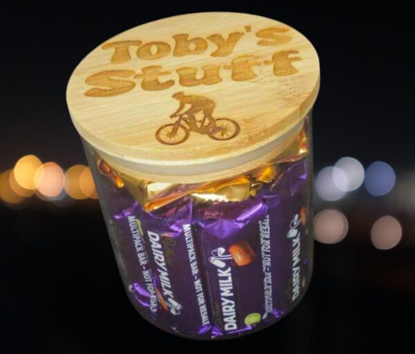 Personalised Glass Jar with Bamboo Laser Engraved Lid “Cycling” Design, Unique gift for Cyclists - Image 4