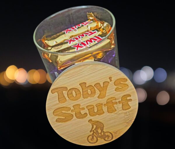 Personalised Glass Jar with Bamboo Laser Engraved Lid “Cycling” Design, Unique gift for Cyclists - Image 3