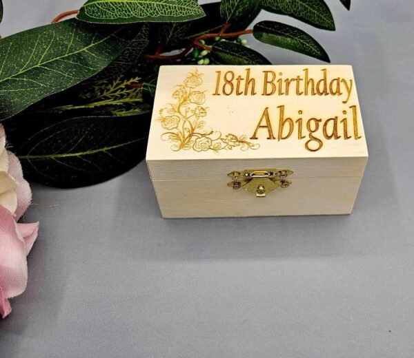 Personalised “Flower Design - 21st Birthday” Design Small Trinket Wooden Box Keepsake (Any Number & Name engraved) - Image 2