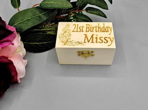 Personalised “Flower Design - 21st Birthday” Design Small Trinket Wooden Box Keepsake (Any Number & Name engraved)